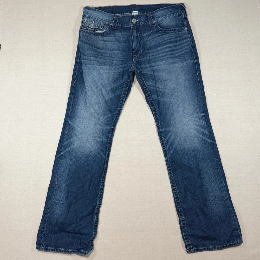 True Religion Section Straight Jeans Mens 38x32.5 Blue Denim Red Contrast Stitch